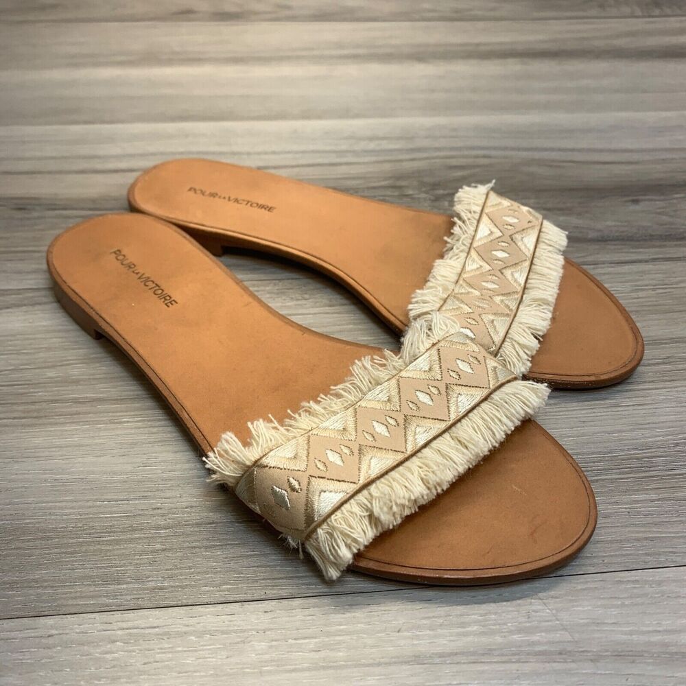 POUR LA VICTOIRE Womens Beige Fringe Leather Slide Sandals Size‎ 6